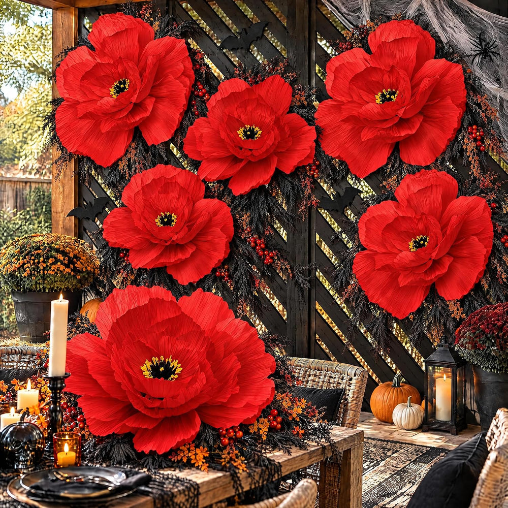 Aneco 6 Pcs Red Poppy Paper Flowers 3D Halloween Wizard Artificial Flowers