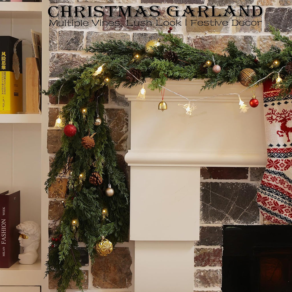 6 Feet Christmas Garland - Real Touch Cedar Garland - Realistic Greenery Cypress Pine Garland for Wall,Table,Fireplace,Mantle,Indoor Outdoor - Christmas Decorations - Free Battery LED Lights