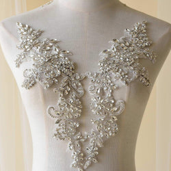 Sparkling Rhinestone Applique Heavy Beads Motif Diamante Crystal Lace Patch Craft Sewing on Bridal Wedding Dress (1 Pair)