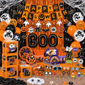 UJoyant 323PCS Halloween Party Decorations Set for 25 Guests, Orange Purple Tableware, 4 Balloon Boxes with 12 Custom-Designed Halloween Panels, Backdrop, Balloons and Photo Booth Props