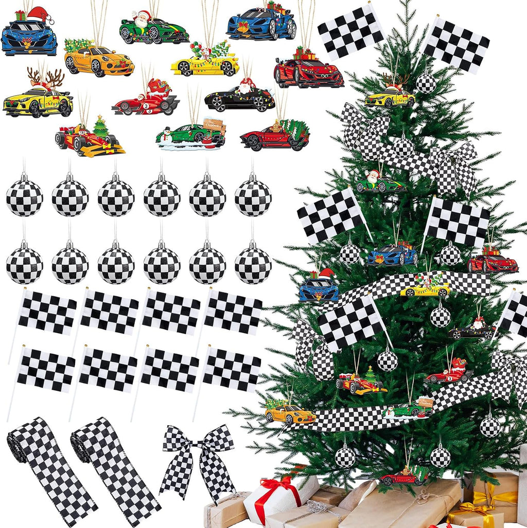 Syhood 46 Pcs Black White Race Car Theme Christmas Tree Decorations Set