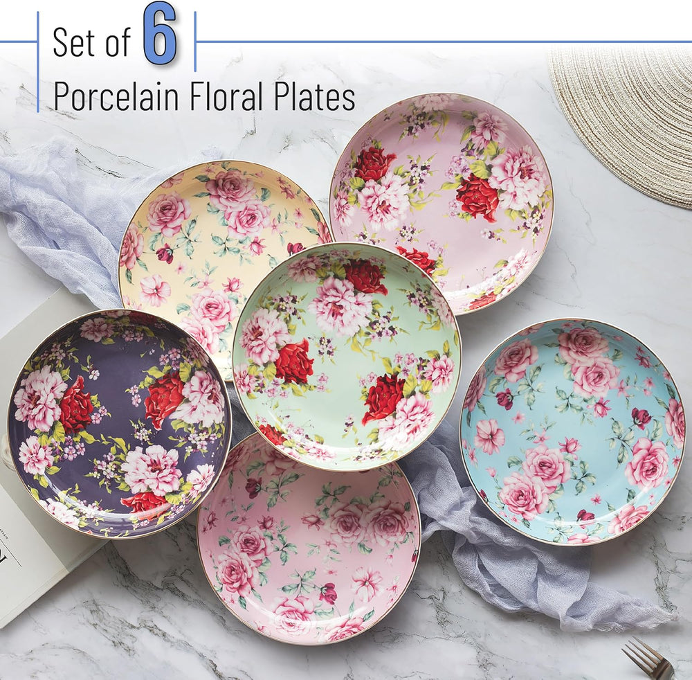 BTaT- Floral Gold Rim Dessert Plates, 8", 6 Pack, Christmas