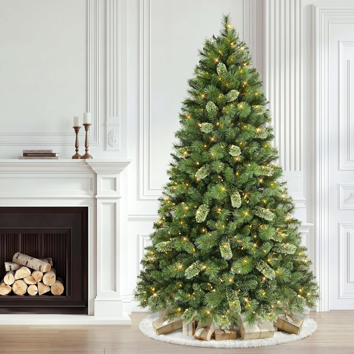 Puleo International 7.5ft Pre-Lit Teton Pine Christmas Tree with 600 Clear Lights, 1347 Realistic Dense Branch Tips, Easy Setup Artificial Trees with Sturdy Metal Stand