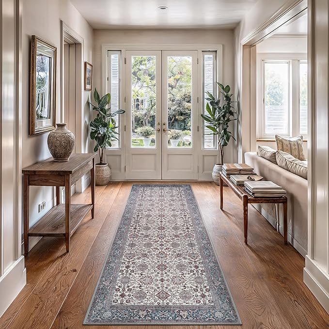 Bloom Rugs Washable Non-Slip 7 ft Runner - Teal/Blue/Beige Traditional Oriental Runner for Entryway, Hallway, Bathroom, and Kitchen - Exact Size: 2.5' x 7'