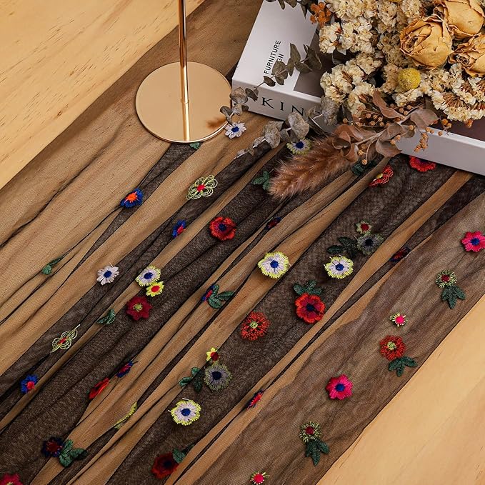 BINBE 12pcs Daisy Fall Table Runner Embroidery Gauze 10FT Florals Seasonal Tulle Holiday Birthday Kitchen Dining Table Decor for Home Party Black
