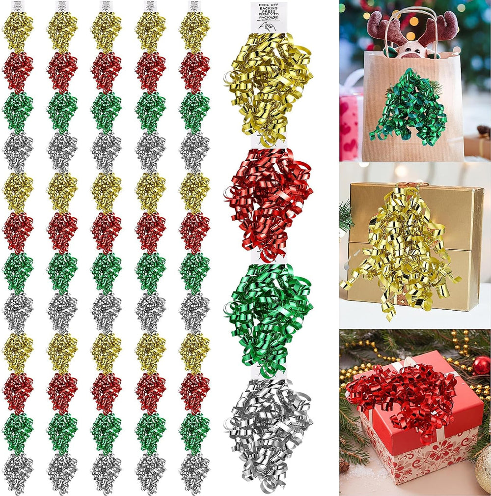 Lyrow 60 Pcs Christmas Metallic Curly Bow Self Adhesive, Multicolor