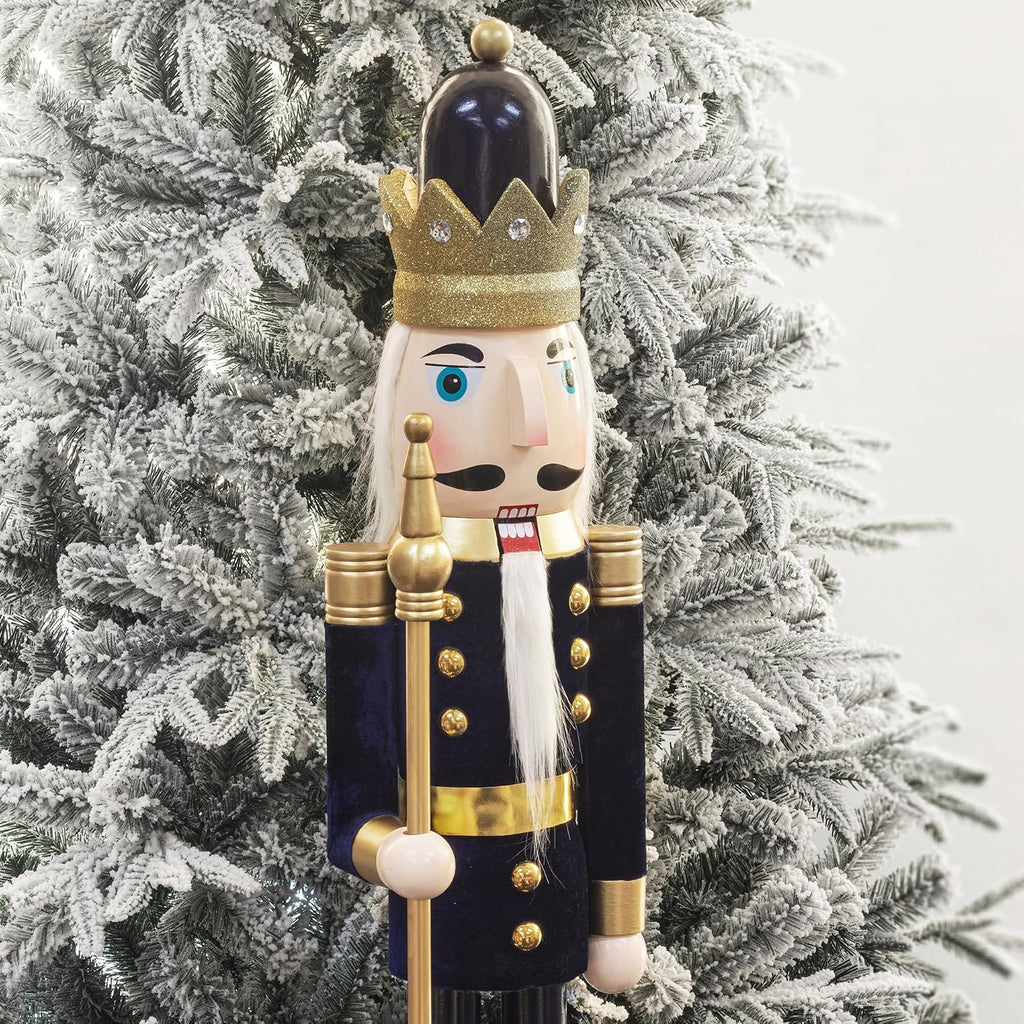 KI Store 4ft Christmas Nutcracker Wooden Blue King Soldier Nutcracker Figurine Christmas Decorations for Front Door Porch Christmas Tree Mantel Fireplace