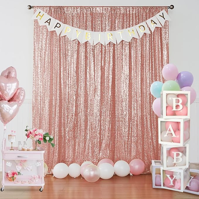 Sugargirl Rose Gold Sequin Backdrop Curtain 4 Panels 2FTx8FT Glitter Rose Gold Background Drapes Sparkle Photography Backdrop for Party Wedding Birthday Wall Decoration