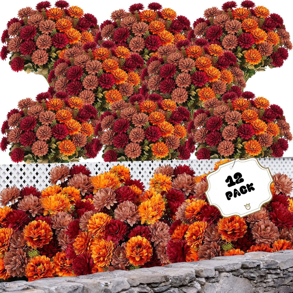 12 Pcs Fall Artificial Mums Flowers, Orange Burgundy Brown Faux Mums Bouquet ...