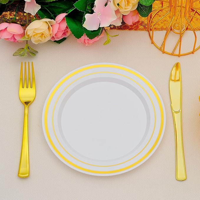 200pcs Gold Dessert Plates with Forks for 100 Guests-100pcs 7.5" Small Plastic Dessert Plates and 100pcs 7.4" Forks-Disposable Cake/Appetizer/Salad Plate for Wedding/Birthday/Party
