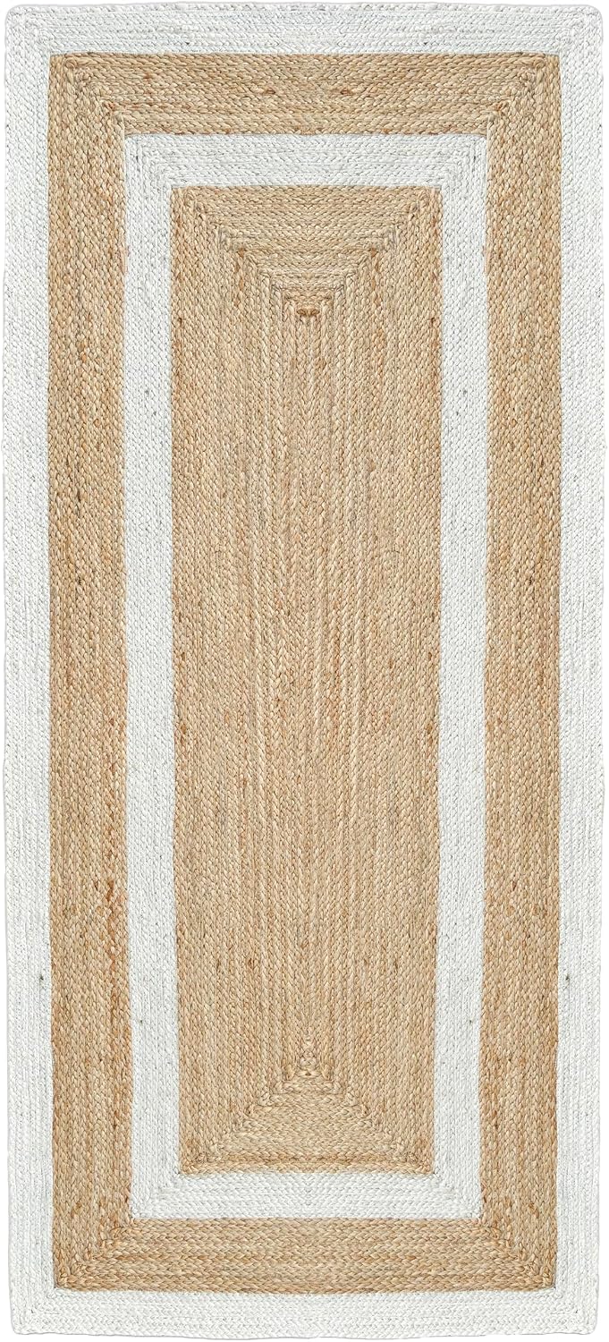 Double Border Jute Runner Rug, Off White, 2'6"x8' Boho Farmhouse...