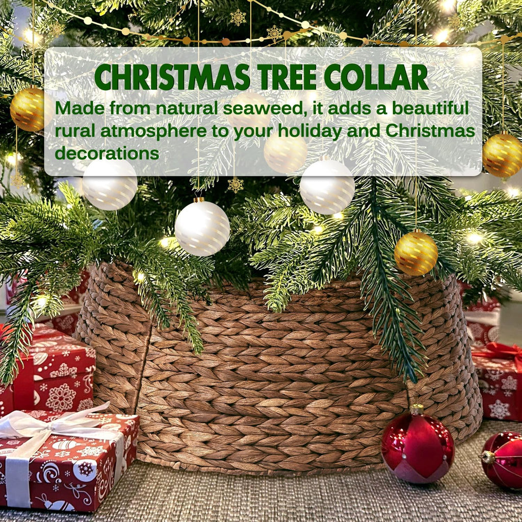 6-Piece Rattan Christmas Tree Collar - 33" Rustic Farmhouse Tree Skirt- Xmas Tree Base Cover for Christmas Decoration- Woven Holiday Tree Ring Accessory for Home, Living Room (Brown, 33 in)