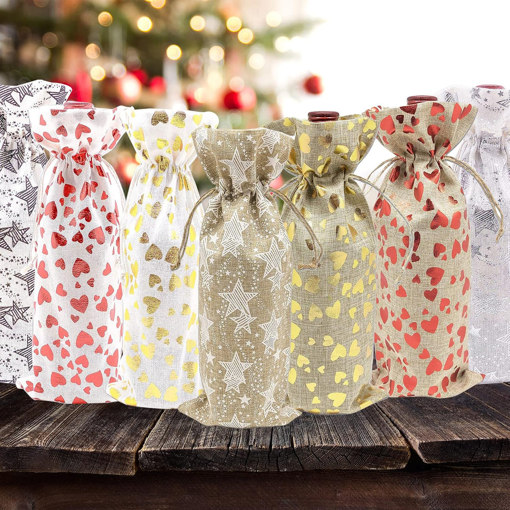 48-pack Muslin Cotton Canvas Wine Bottle Gift Bags w. Drawstring (Red Stars, ...