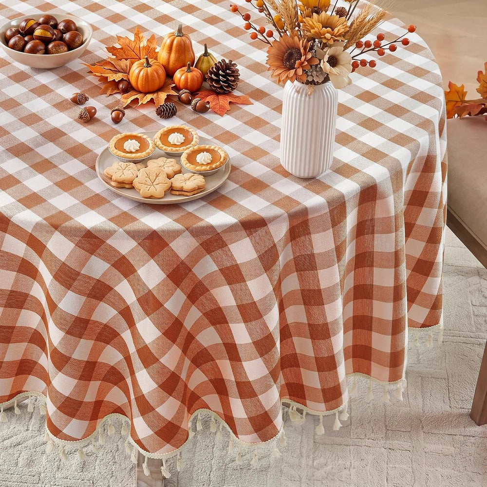 Romanstile Fall Gingham Tassel 70 Inch Round Tablecloth, Orange