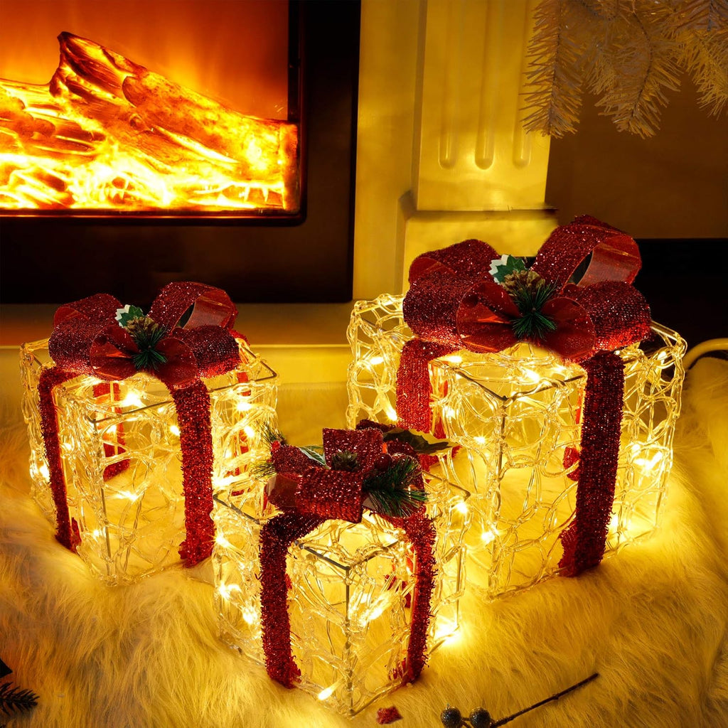 atdawn set of 3 lighted gift boxes christmas showing dimensions