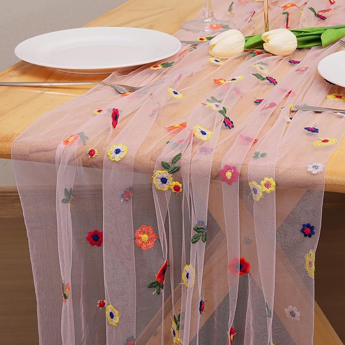 BINBE 3pcs Pink Daisy Fall Table Runner Embroidery Gauze 10FT Florals Seasonal Tulle Holiday Birthday Kitchen Dining Table Decor for Home Party