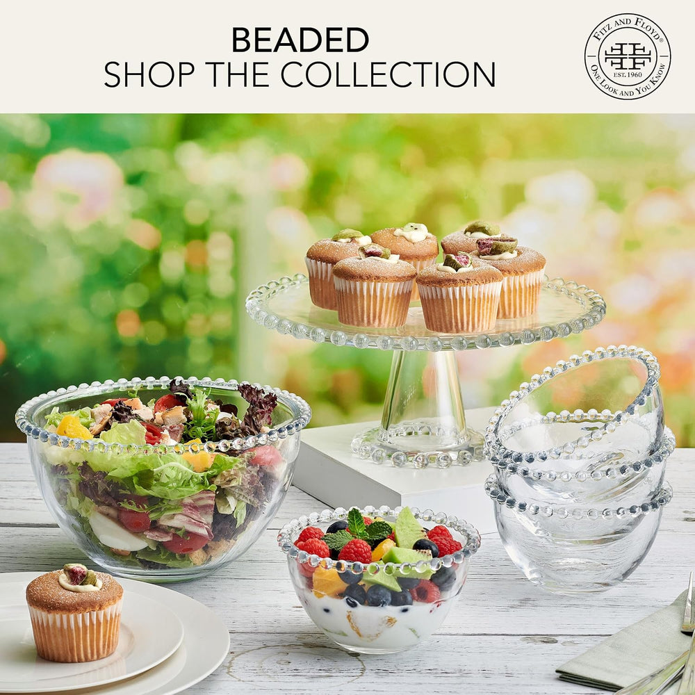 Fitz & Floyd Beaded Large Glass Cake Stand, 10.75 Inch Clear Glass Pedest...