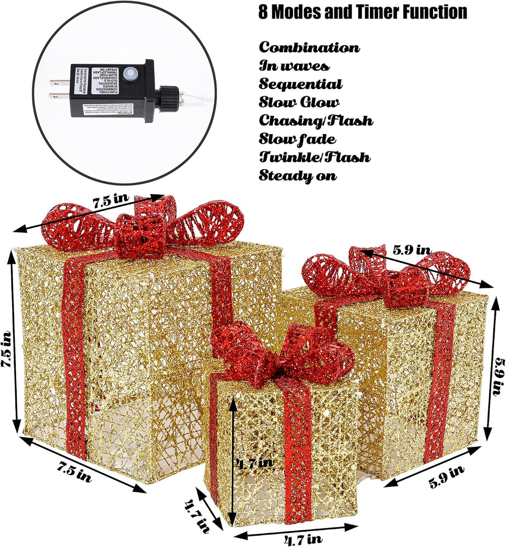 Sunnyglade 3PCS Christmas Lighted Gift Boxes Xmax Decor 7.5"/5.9"/4...