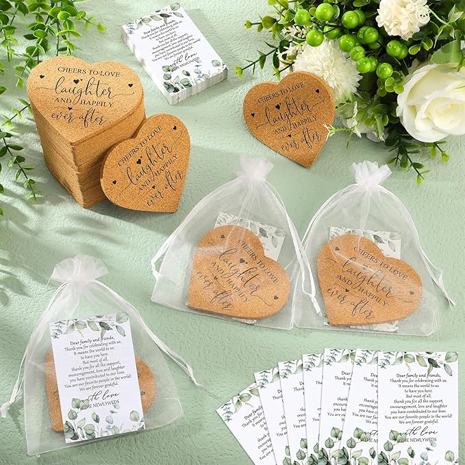 Uiifan 80 Set Wedding Favors for Guest Coaster Gifts Bulk Heart Shaped Coasters Thank You Cards Organza Bags Guest Souvenirs for Wedding Party Bridal Favors