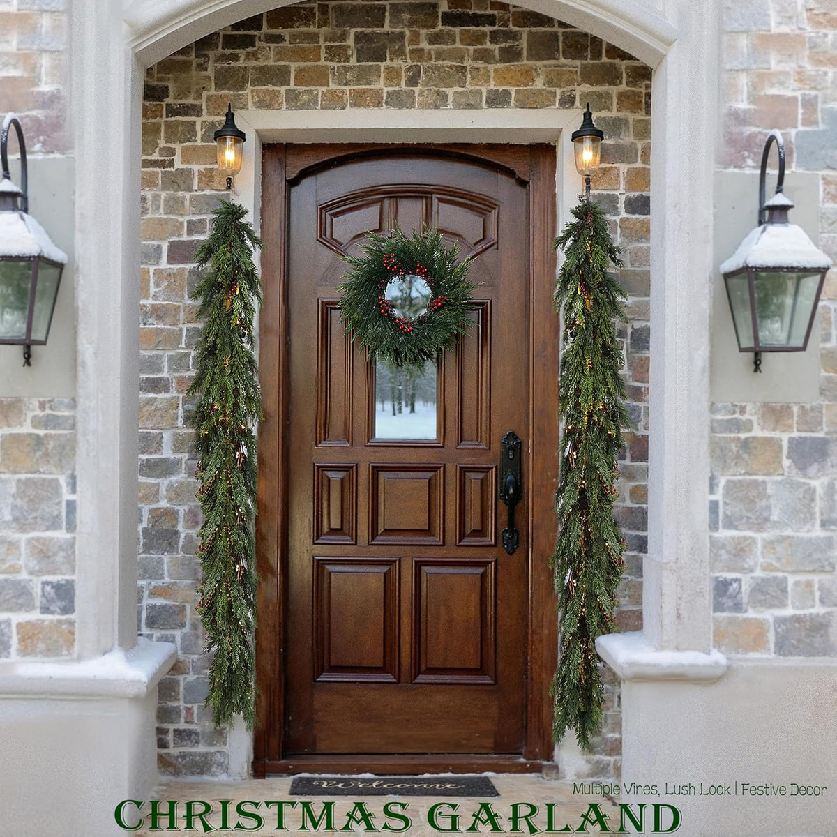 6 Feet Christmas Garland - Real Touch Cedar Garland - Realistic Greenery Cypress Pine Garland for Wall,Table,Fireplace,Mantle,Indoor Outdoor - Christmas Decorations - Free Battery LED Lights