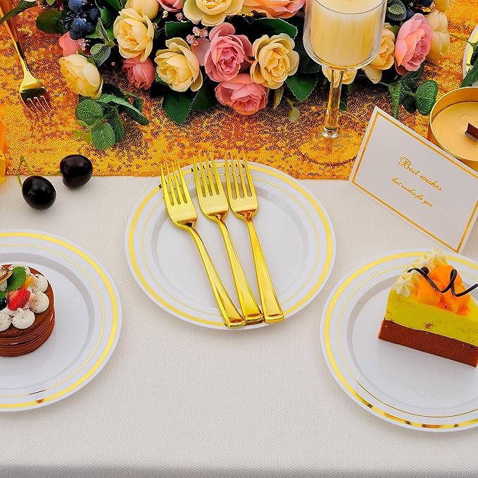 200pcs Gold Dessert Plates with Forks for 100 Guests-100pcs 7.5" Small Plastic Dessert Plates and 100pcs 7.4" Forks-Disposable Cake/Appetizer/Salad Plate for Wedding/Birthday/Party
