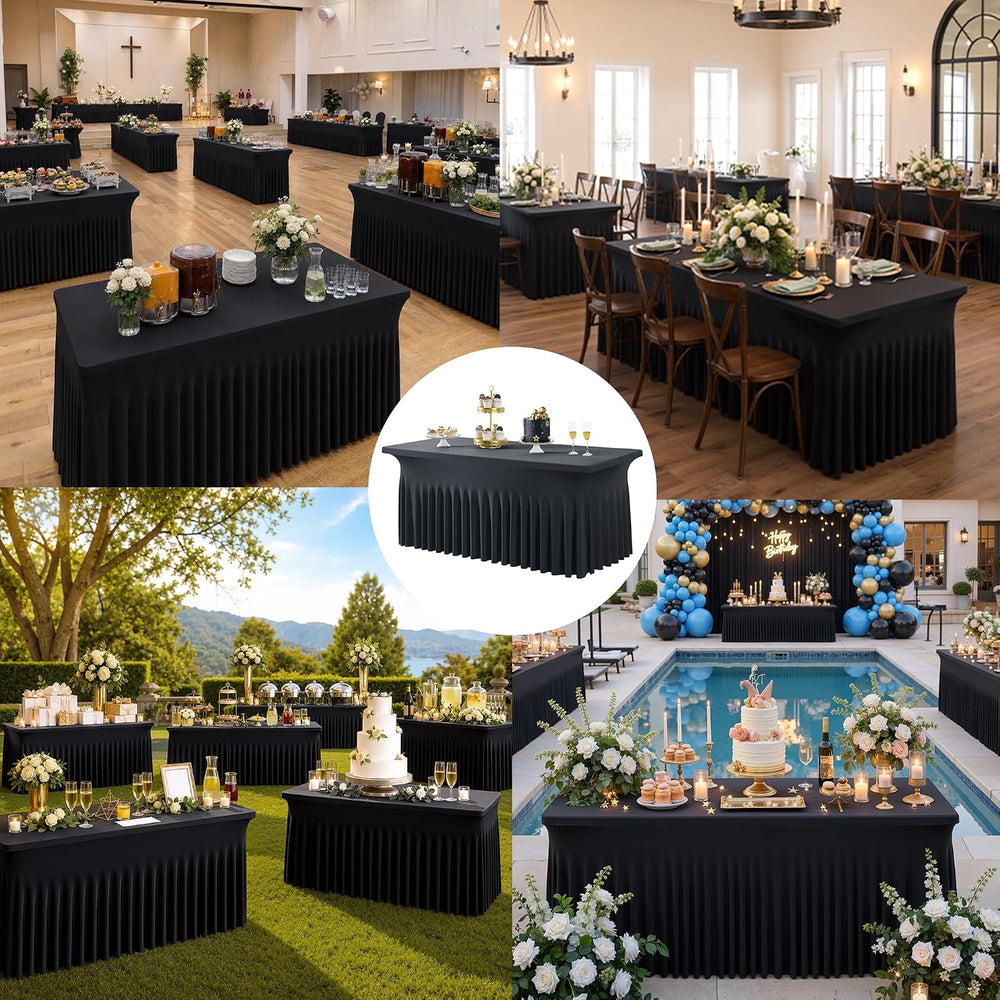 8ft Black Spandex Tablecloth for Rectangle Tables, 2 Pack for Wedding Party