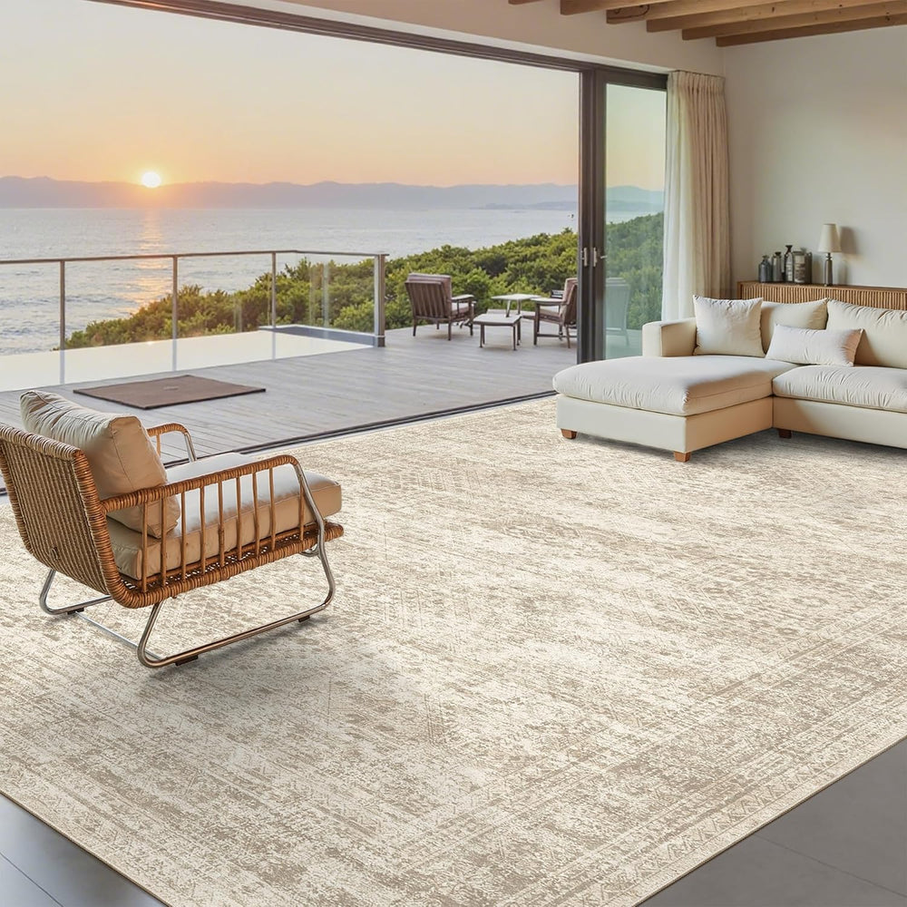 Soalmost 9x12 Area Rugs for Living Room Washable Print Rug Non-Slip Beige