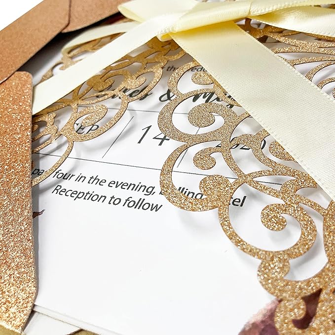 50Pcs Laser Cut Wedding Invitation With Glitter Envelopes And Ribbons Blank Personalized Card Invitaciones Para quinceañera Birthday Baby Shower Christmas Party Bridal Shower (Rose Gold)