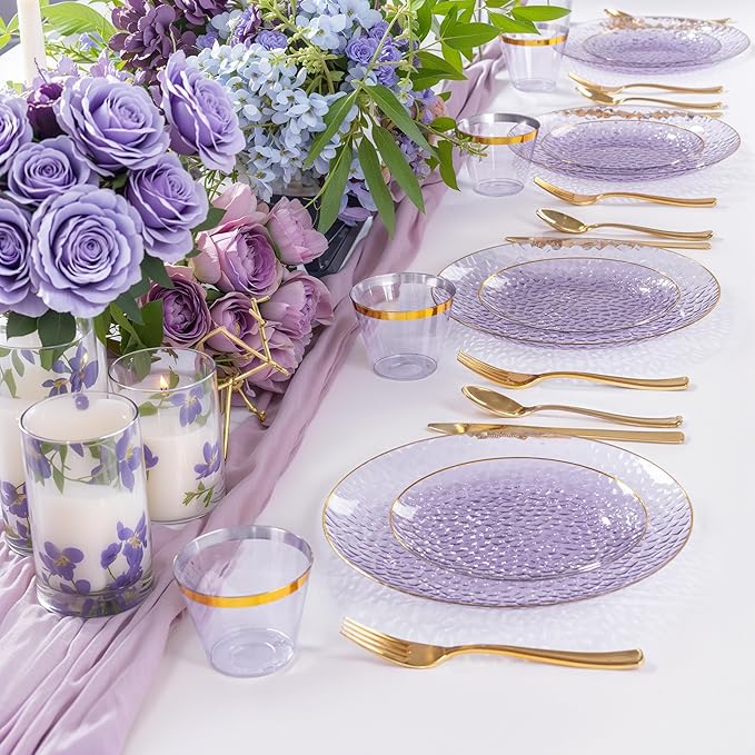 Rubtlamp 350 Pcs Clear Purple Plastic Plates, Gold Plastic Dinnerware Set (50 Guests), Purple Disposable Plates With Gold Rim, Hammered Party Plates Set for Wedding And Party