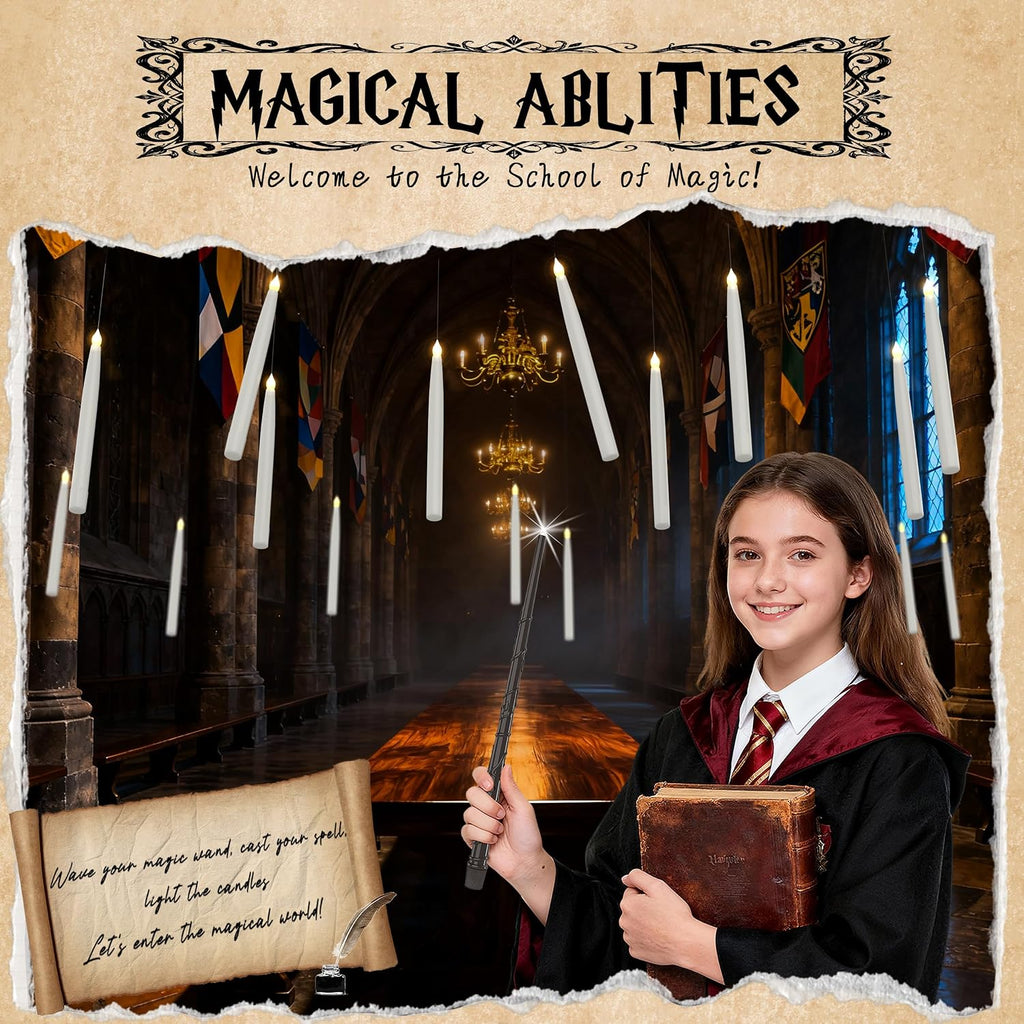 20PCS Floating Candles with Wand, Magic Hanging Candles, Flickering Warm Light Taper Flameless Floating LED Candle for Halloween Decor, Halloween Decorations for Indoor Classroom Bedroom Party