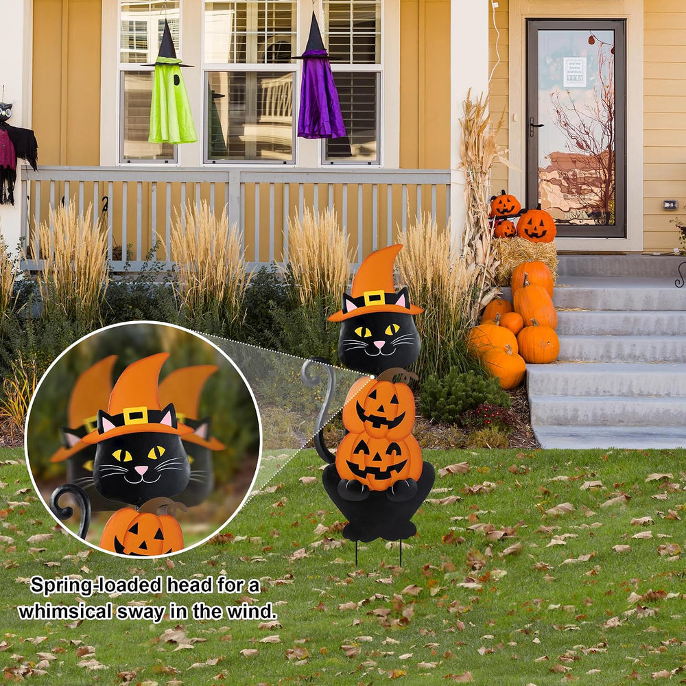 Glitzhome 36" H Halloween Yard Stake, Metal Black Cat with Spring Head a...