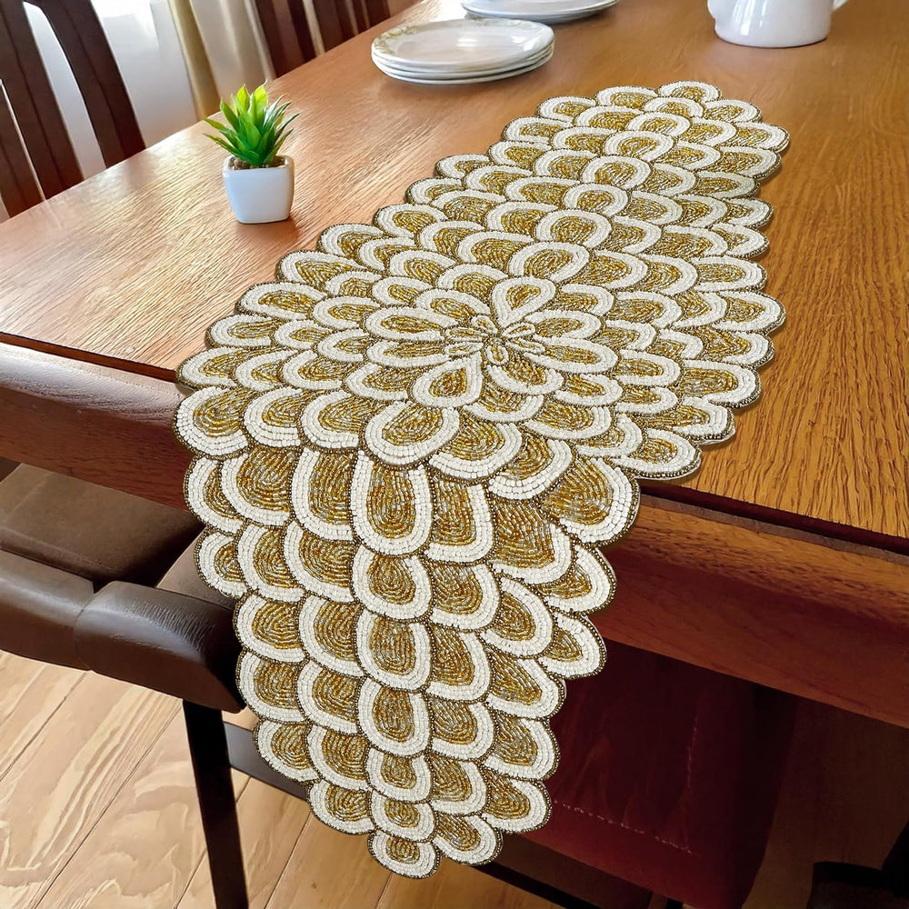 CLEENTABLE Gold Beaded Table Runner, 36 in, Farmhouse Holiday Décor