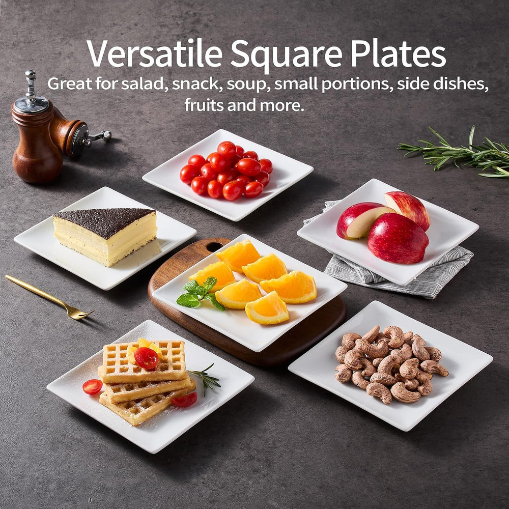 Porcelain Appetizer Plates Set of 6, 6 Inch White Square Dessert Plates