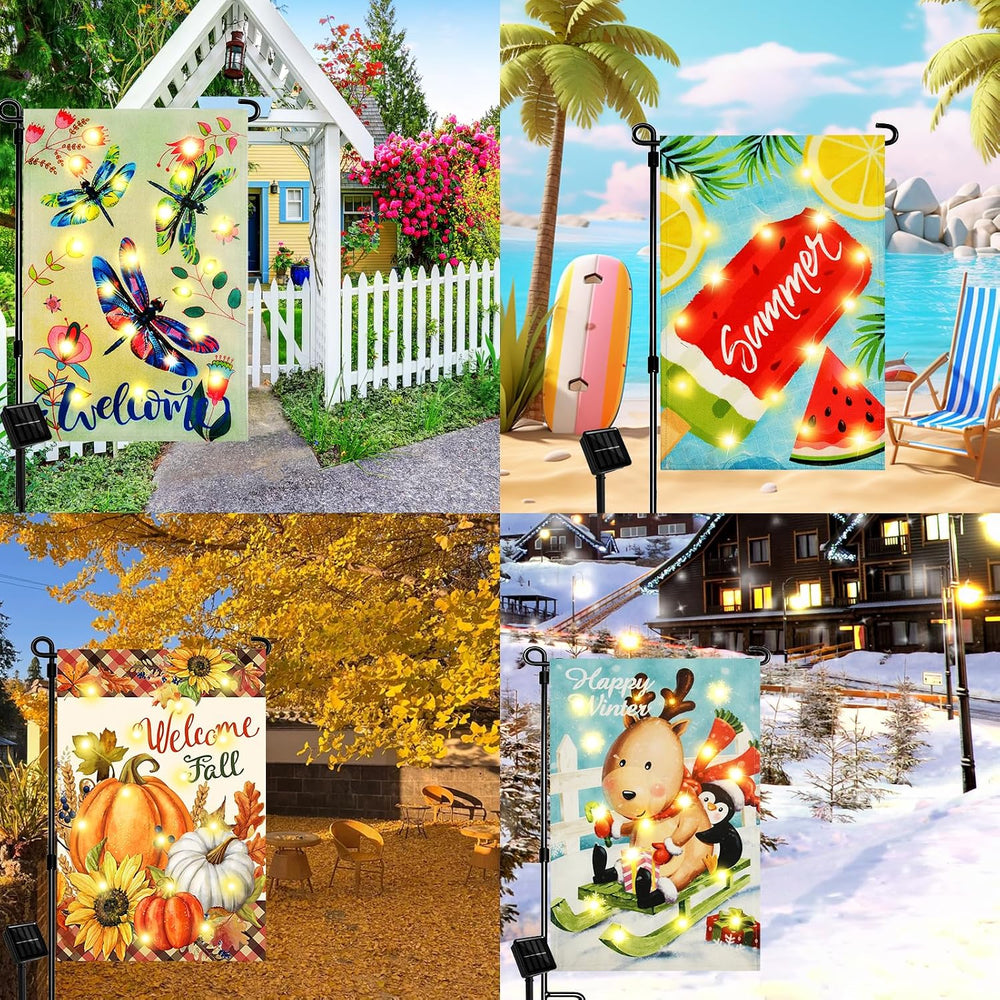 Seasonal Garden Flags Set of 12, Lighted Solar, 12x18 In