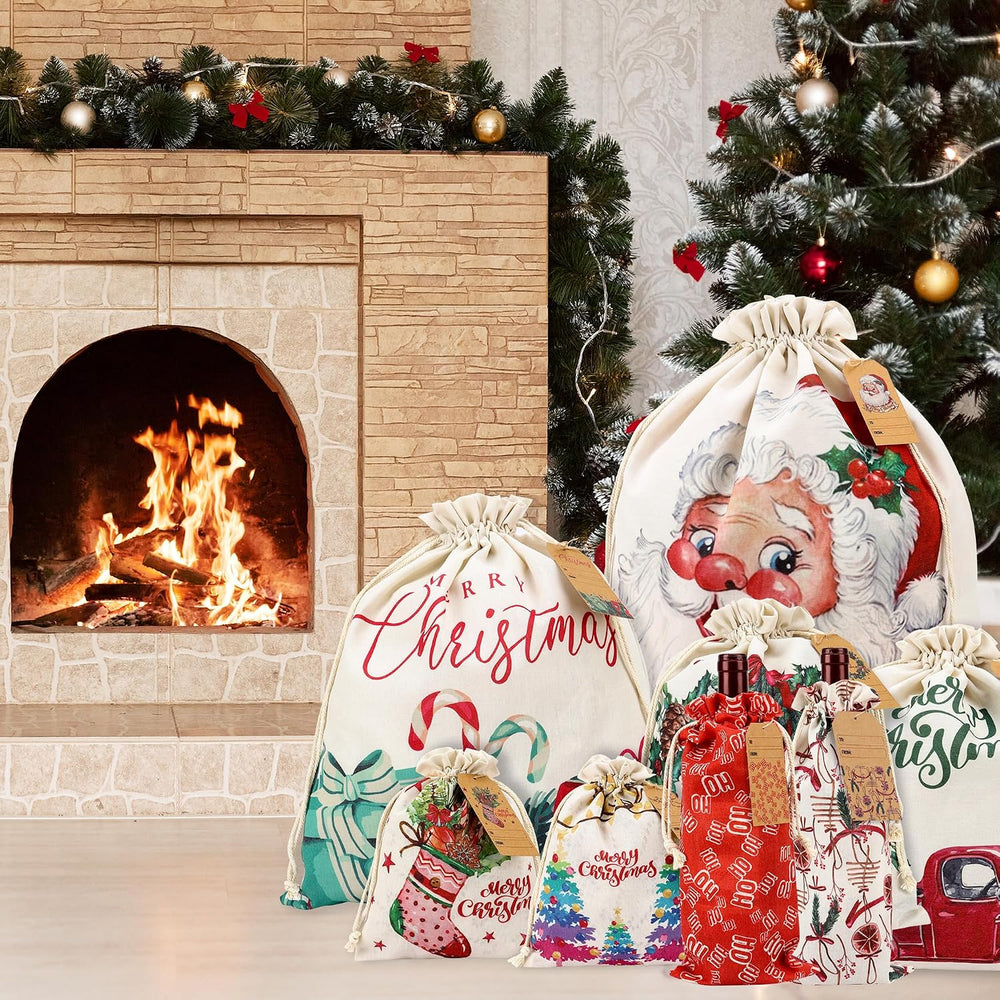 12 Pack Fabric Christmas Gift Bags with Drawstrings, Assorted Sizes