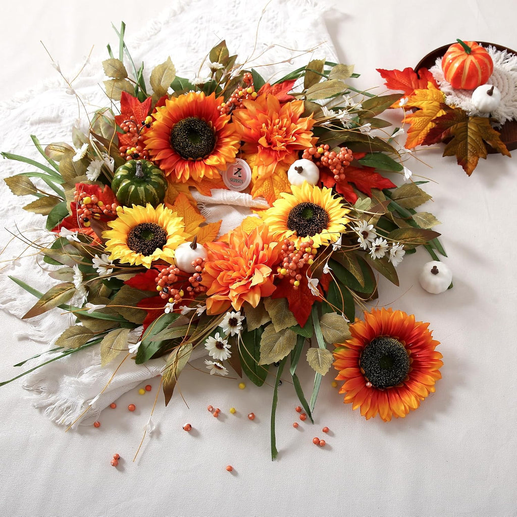 24'' sunflower fall wreaths for front door, fall showing dimensions