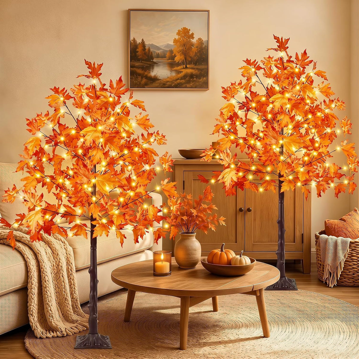 2 Pack 5FT 200 LED Lighted Maple Tree, Artificial Fall Tree Outdoor/Indoor