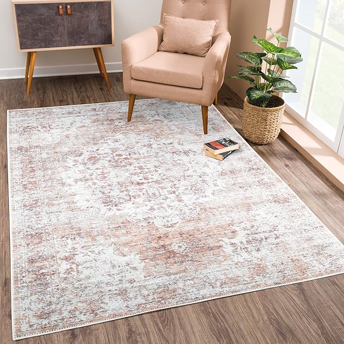 Bloom Rugs Washable Non-Slip 5' x 7' Rug - Ivory/Blush Traditional Area Rug for Living Room, Bedroom, Dining Room, and Kitchen - Exact Size: 5' x 7'
