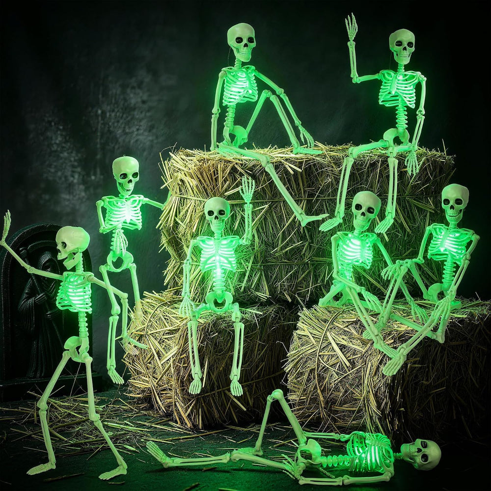 16" Light Up Skeleton Halloween Decorations,10 Pack Posable Skeleton wit...