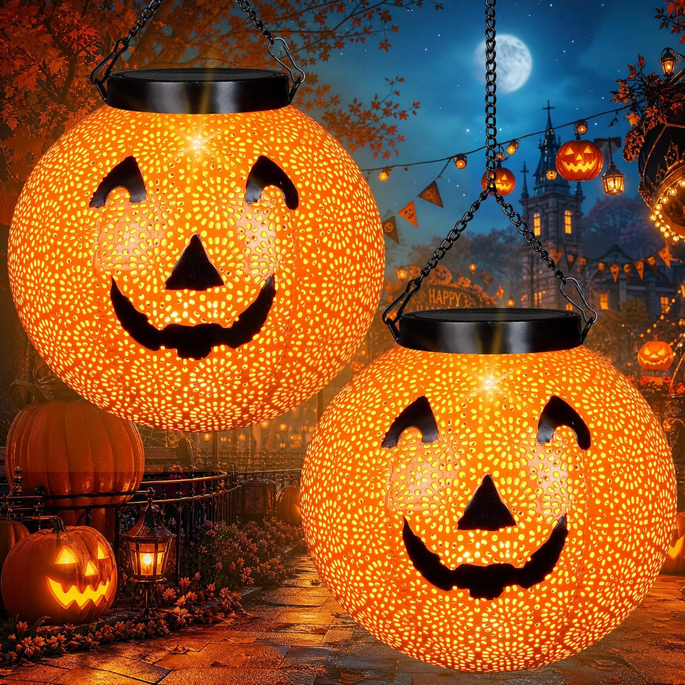J-HVA 2-Pack Solar Halloween Pumpkin Lanterns Hanging Light,Halloween Decor
