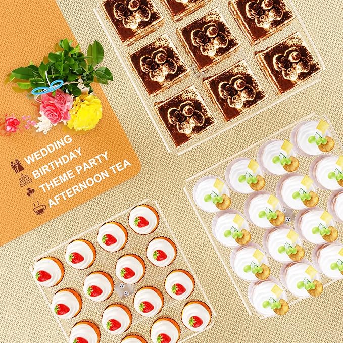 3 Piece Cupcake Stand, Acrylic Dessert Table Display Set, Clear Square Serving Trays for Birthday, Wedding, Baby Shower