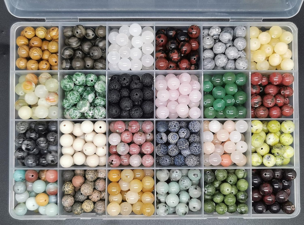 500pcs 8mm Natural Round Stone Beads Gemstone Beading Loose Gemstone Beads Hole Size 1mm DIY Smooth Beads for Bracelet Necklace Earrings Jewelry Making,Box Packed (24 material-8mm)