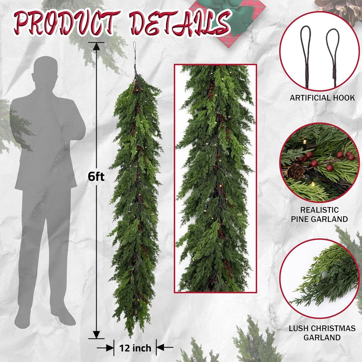 6 Feet Christmas Garland - Real Touch Cedar Garland - Realistic Greenery Cypress Pine Garland for Wall,Table,Fireplace,Mantle,Indoor Outdoor - Christmas Decorations - Free Battery LED Lights
