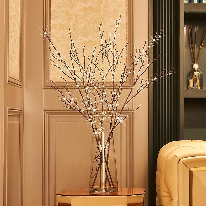 Hairui Lighted Brown Twig Branches Plug in with Dimmer and Timer 32IN 200 LED Fairy Lights, Lighted Willow Branches for Indoor Outdoor Home Room Christmas Decoration (Vase Excluded)