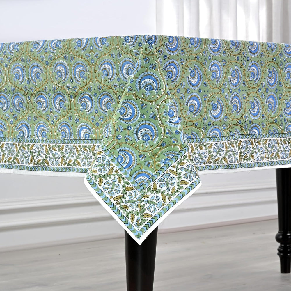 Ridhi Verdant Mist Hand Block Print Rectangle Tablecloth 90x60 Inch