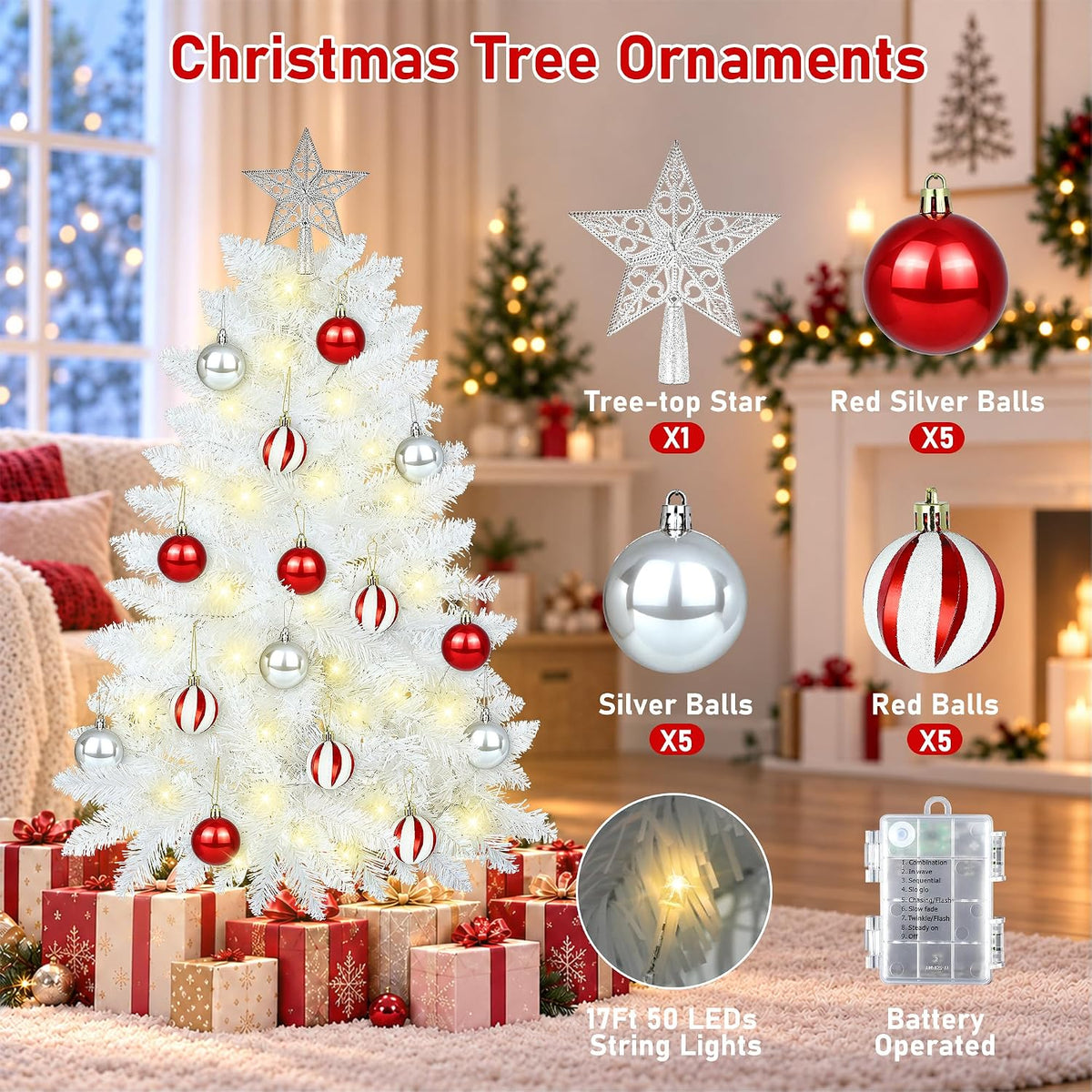 [timer & 8 modes] 3ft white christmas tree, close-up detail