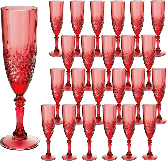 Plastic Champagne Flutes, 24PCS Dark Red Wine Glasses Goblets Cups Reusable Flute, for Christmas Weddings Christmas Bachelor Parties Toasting and Events(24, Dark Red)