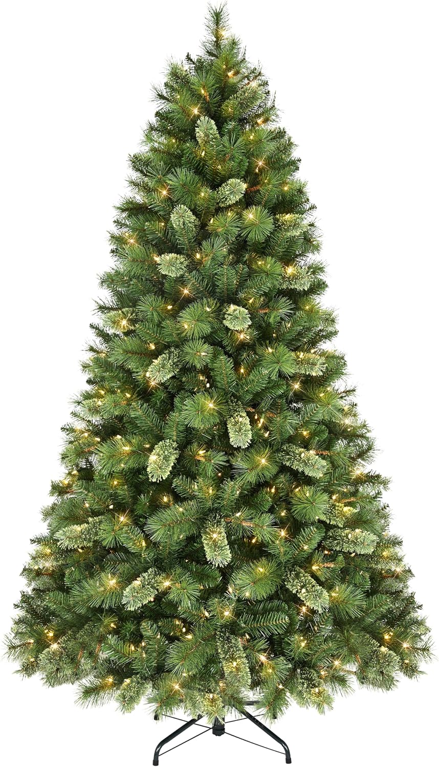 Puleo International 7.5ft Pre-Lit Teton Pine Christmas Tree with 600 Clear Lights, 1347 Realistic Dense Branch Tips, Easy Setup Artificial Trees with Sturdy Metal Stand