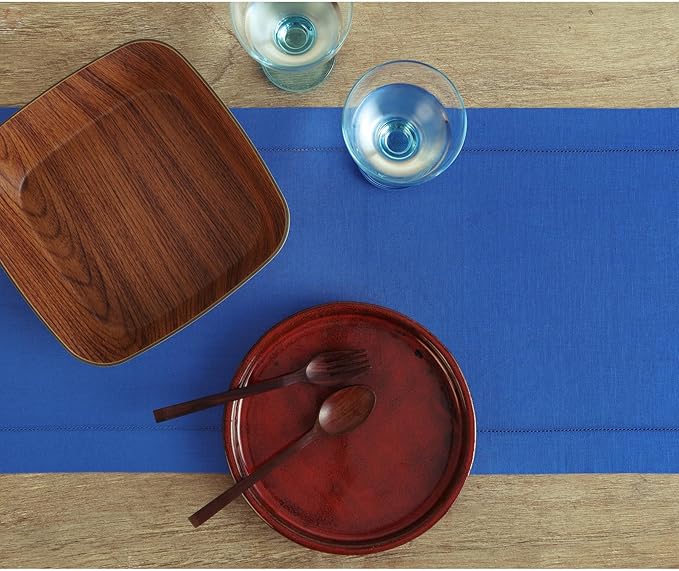 Solino Home Linen Royal Blue Table Runner 144 Inches Long - 100% Pure Linen Extra Long Table Runner 14 x 144 Inch - Classic Hemstitch