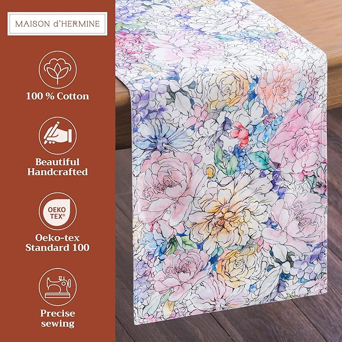 Maison d' Hermine Table Runner 100% Cotton Double Layer Table Runners 72 inches Long Decorative for Kitchen Dining Party Baby Shower Wedding Bridal Shower Spring Summer (Floral Love, 14.50" x 72")
